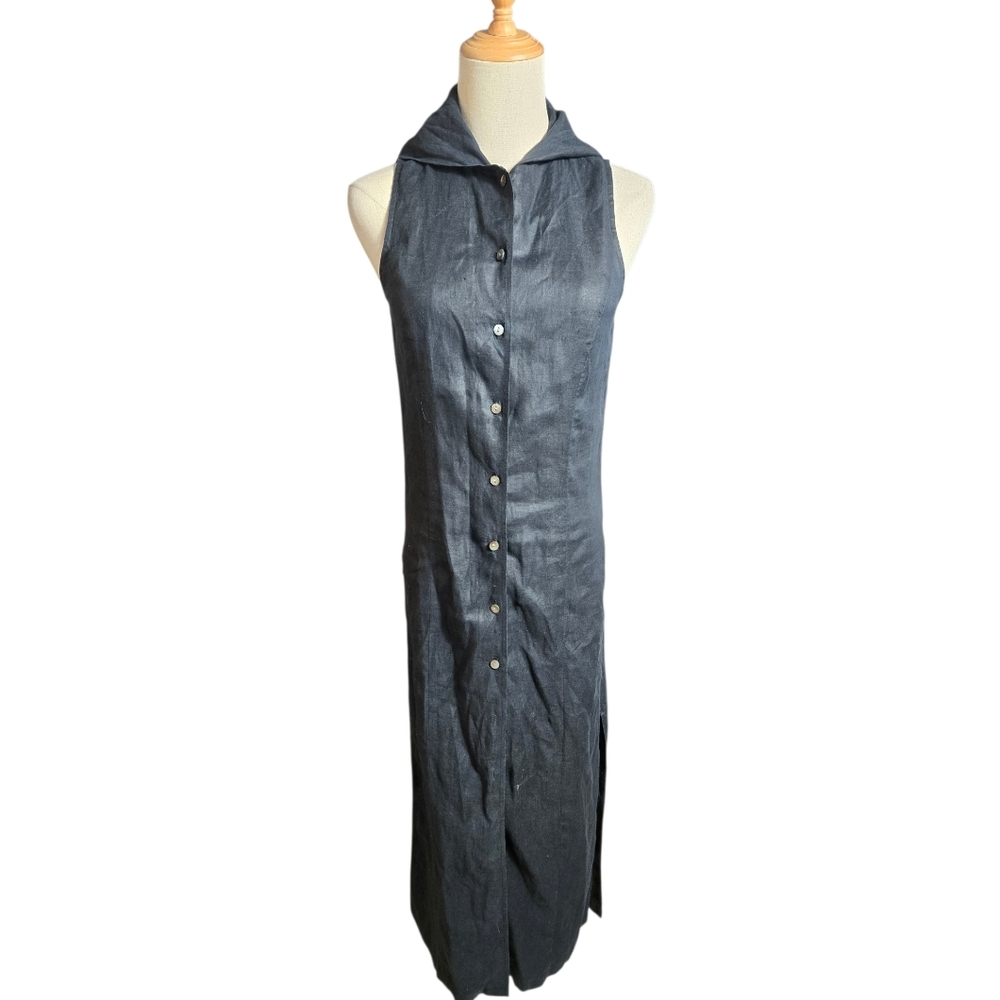 Valerie Stevens Black Linen Hooded Maxi Dress